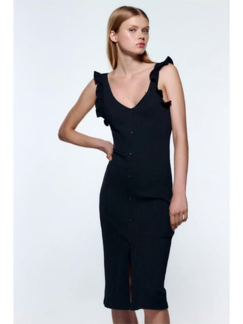 Zara Button Front Ribbed Sheath Midi Dress Black Sleeveless Ruffles Size Large - Picture 2 of 7